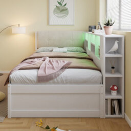 Btm 3Ft Single Wooden Storage Bed 90X190Cm, Led Headboard With Usb & Type-C Charging, 2 Drawers, Storage Shelves, White - thumbnail 3