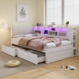 Btm 3Ft Single Wooden Storage Bed 90X190Cm, Led Headboard With Usb & Type-C Charging, 2 Drawers, Storage Shelves, White - thumbnail 2