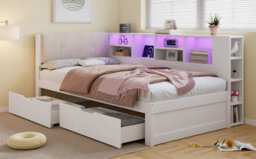 Btm 3Ft Single Wooden Storage Bed 90X190Cm, Led Headboard With Usb & Type-C Charging, 2 Drawers, Storage Shelves, White - thumbnail 9