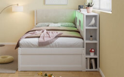 Btm 3Ft Single Wooden Storage Bed 90X190Cm, Led Headboard With Usb & Type-C Charging, 2 Drawers, Storage Shelves, White - thumbnail 8
