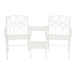 Charles Bentley Antique White Leaf Design Rustic Metal Garden Companion Seat - thumbnail 5