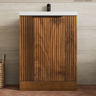 Aveli Fluted 600mm Bathroom Vanity Unit Basin Floorstanding Cupboard Soft Close Walnut - image 1
