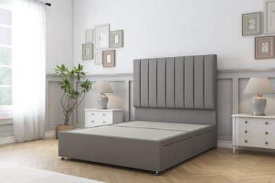 "Sloomy Kansas Pewter Dumfries Divan Bed Base 2 Drawers Same Side With 54"" Floor Standing Headboard 4'6 Double" - image 1