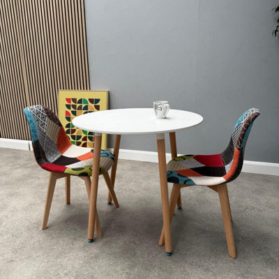 Life Interiors Patchwork Halo Round Dining Set With A White Round Dining Table And Set Of 2 Multicolored Fabric Dining Chairs - image 1