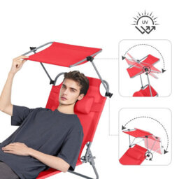 Sobuy Ogs48-R, Folding Chair Sun Lounger With Adjustable Sun Shade And Backrest, Red,w193Xd55.5Xh103 - thumbnail 5