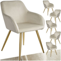 Tectake Set Of 6 Chair Marilyn With Velvet Cover, Gold Steel Legs And Plush Padding  - Cream/gold