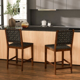 Gainoom Set Of 2 Black Bar Stools Woven Counter Height Chairs W/ Faux Pu Leather Straps 24Inch - thumbnail 3