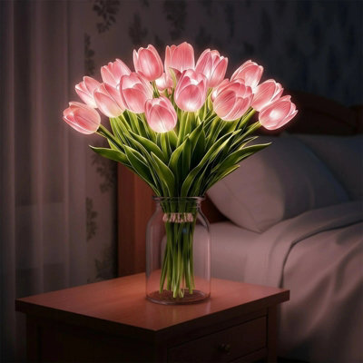 15 Piece Pink Led Tulip Night Light Artificial Flower Lamp Bedroom Bedside Decor - image 1