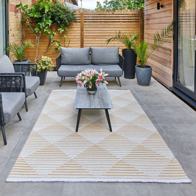 Yellow Outdoor Rug, Geometric Striped Stain-Resistant Rug For Patio Decks, 3mm Modern Outdoor Area Rug-160Cm X 220Cm