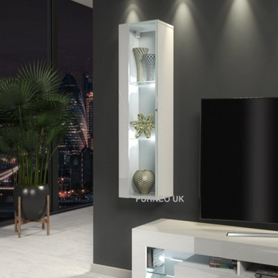 Furneo White Glass Floating Display Cabinet Tall Wall Unit Art 01 White Led Lights - image 1