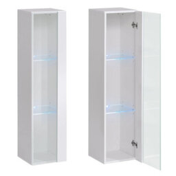Furneo White Glass Floating Display Cabinet Tall Wall Unit Art 01 White Led Lights - thumbnail 2