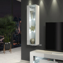 Furneo White Glass Floating Display Cabinet Tall Wall Unit Art 01 White Led Lights - thumbnail 1