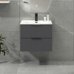 Royal Bathrooms Evora 700mm Graphite Grey Fluted Wall Hung Bathroom Vanity Unit 2 Drawer With Ceramic Basin & Matt Black Handles - thumbnail 1