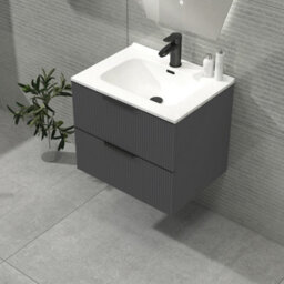 Royal Bathrooms Evora 700mm Graphite Grey Fluted Wall Hung Bathroom Vanity Unit 2 Drawer With Ceramic Basin & Matt Black Handles - thumbnail 5