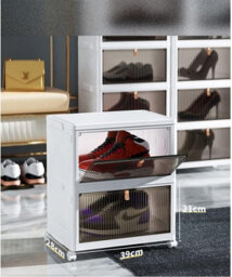 Hygrad Built to Survive Foldable Plastic Shoe Box Stackable Storage Cabinet - Wardrobe Storage Organizer Containers With Lid & Lockable Wheels (2-Tier) - thumbnail 2