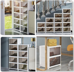 Hygrad Built to Survive Foldable Plastic Shoe Box Stackable Storage Cabinet - Wardrobe Storage Organizer Containers With Lid & Lockable Wheels (2-Tier) - thumbnail 6