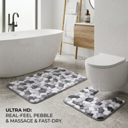 2 Piece Pebble Stone Bathroom Mat Set, Soft Polyester Bath & Pedestal Rug Set, Absorbent Stone Effect Floor Mats For Bathroom - thumbnail 3