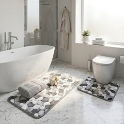2 Piece Pebble Stone Bathroom Mat Set, Soft Polyester Bath & Pedestal Rug Set, Absorbent Stone Effect Floor Mats For Bathroom - thumbnail 5