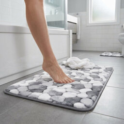 2 Piece Pebble Stone Bathroom Mat Set, Soft Polyester Bath & Pedestal Rug Set, Absorbent Stone Effect Floor Mats For Bathroom - thumbnail 6