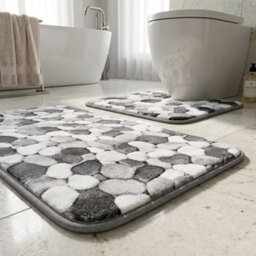 2 Piece Pebble Stone Bathroom Mat Set, Soft Polyester Bath & Pedestal Rug Set, Absorbent Stone Effect Floor Mats For Bathroom - thumbnail 7