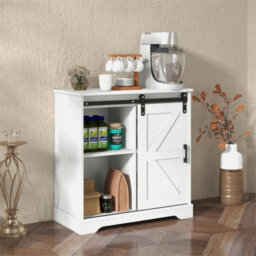 White Sliding Barn Door Buffet Sideboard Storage Cabinet Coffee Bar - thumbnail 4