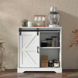 White Sliding Barn Door Buffet Sideboard Storage Cabinet Coffee Bar - thumbnail 5