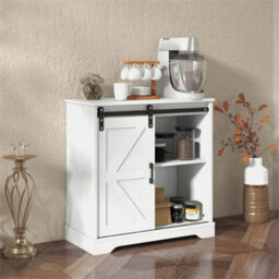 White Sliding Barn Door Buffet Sideboard Storage Cabinet Coffee Bar - thumbnail 1