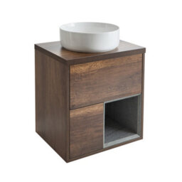 Homestylestore Dark Oak 600mm Wall Hung Bathroom Vanity Unit With Round Countertop Basin - thumbnail 1