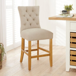 The Furniture Market Chester Natural Oatmeal Fabric Button Back Bar Stool Natural Oak Legs Quilted Deep Button Upholstery Kitchen Counter Height - thumbnail 1