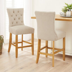 The Furniture Market Chester Natural Oatmeal Fabric Button Back Bar Stool Natural Oak Legs Quilted Deep Button Upholstery Kitchen Counter Height - thumbnail 3