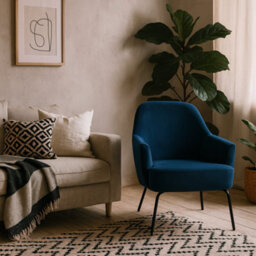 Wyld Haus Kobe Navy Blue Velvet Lounge Chair With Matt Black Steel Base