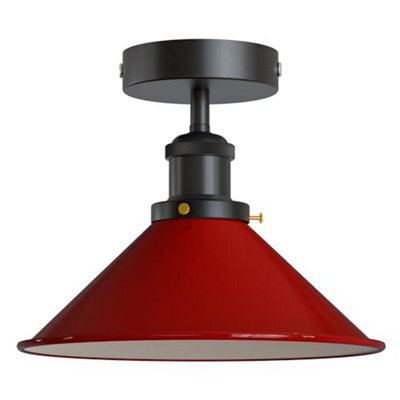 Vintage Semi Flush Mount Ceiling Light E27 Lampholder With 22Cm Red Cone Shade For Bedroom Kitchen Living Room Without Bulb - image 1