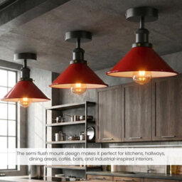 Vintage Semi Flush Mount Ceiling Light E27 Lampholder With 22Cm Red Cone Shade For Bedroom Kitchen Living Room Without Bulb - thumbnail 2