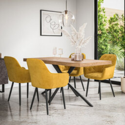 More4Homes Donni Dining Table And Chairs -  Oak Effect Table Top W Black Legs + Anika Velvet Dining Chair Set Of 6 (Mustard)