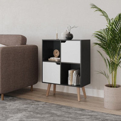 Urbn-Living Urbnliving 80Cm Height Black 4 Cube With White 2 Wooden Door Bookcase With Beech Legs Shelves - image 1