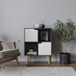 Urbn-Living Urbnliving 80Cm Height Black 4 Cube With White 2 Wooden Door Bookcase With Beech Legs Shelves - thumbnail 2