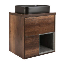 Homestylestore Dark Oak 594mm Wall Hung Bathroom Vanity Unit Rectangular Countertop Graphite Basin Open Shelf