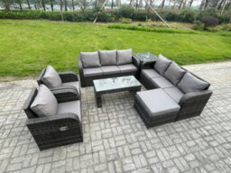 Fimous Wicker Pe Rattan Sofa Set Outdoor Patio Garden Furniture With Reclining Chair Coffee Table Side Table Big Footstool - thumbnail 2