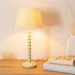 Valuelights Bobbins Sage Green Table Lamp With Linen Scallop White Trim Shade And Led Bulb