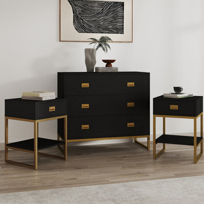 Melody Maison Large 3 Drawer Chest Of Drawers And Pair Of Bedside Tables - Elle Black Range - image 1