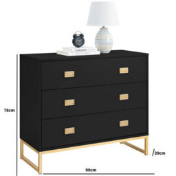 Melody Maison Large 3 Drawer Chest Of Drawers And Pair Of Bedside Tables - Elle Black Range - thumbnail 7