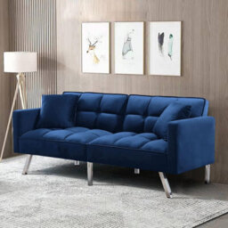 Kosy Koala Sofa Bed 2 Seater Blue Velvet Click Clack Sofa Settee Recliner Couch With Metal Legs 2 Pillows - thumbnail 8
