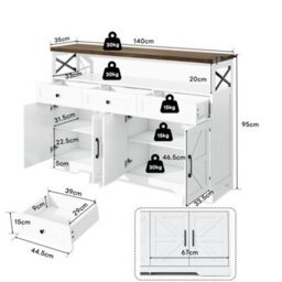 Btm 140Cm Sideboard With 3 Drawers & Shelves, Farmhouse Coffee Bar Cabinet, Rustic White/brown - thumbnail 5