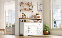 Btm 140Cm Sideboard With 3 Drawers & Shelves, Farmhouse Coffee Bar Cabinet, Rustic White/brown - thumbnail 8