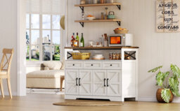 Btm 140Cm Sideboard With 3 Drawers & Shelves, Farmhouse Coffee Bar Cabinet, Rustic White/brown - thumbnail 9