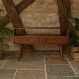 Wyld Haus Ostuni Low Curved Chestnut Mango Wood Tv Media Unit 2 Drawers And Open Shelf, 900 X 350 X 470 mm (W X D X H)