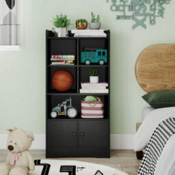 Bookshelf Freestanding Bookcase With Doors & 2 Storage Cabinets-Black - thumbnail 3