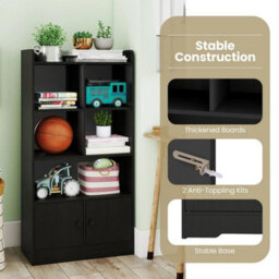 Bookshelf Freestanding Bookcase With Doors & 2 Storage Cabinets-Black - thumbnail 5