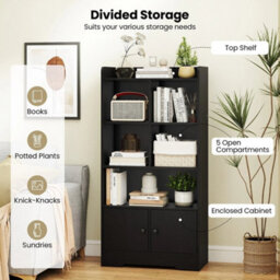 Bookshelf Freestanding Bookcase With Doors & 2 Storage Cabinets-Black - thumbnail 4