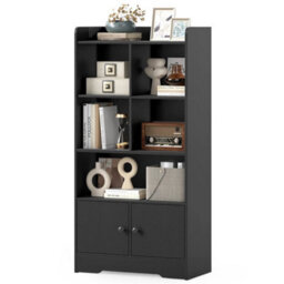 Bookshelf Freestanding Bookcase With Doors & 2 Storage Cabinets-Black - thumbnail 1